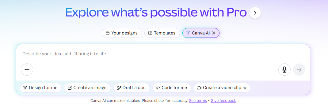 This screenshot shows the Canva prompt box with the Canva AI option above it.