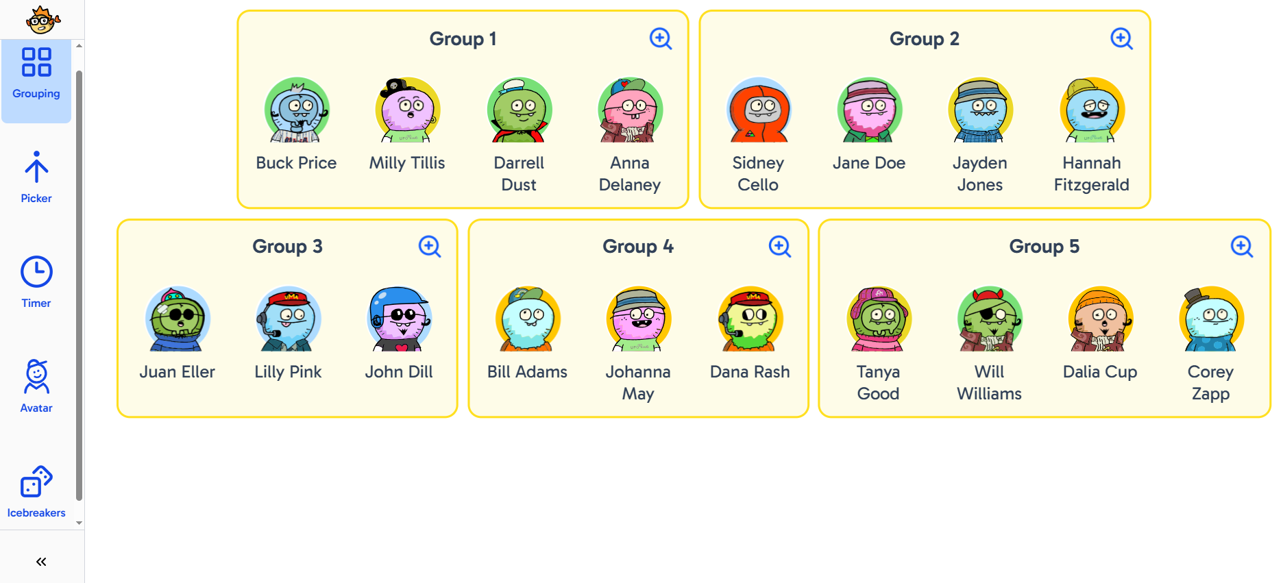 This screenshot shows the live mode of Grouper. Student avatars are clustered into five groups with names displayed.