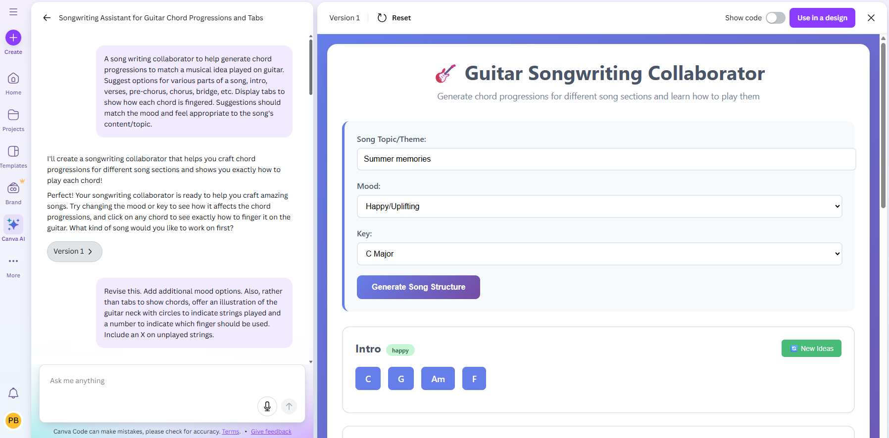 This screenshot shows the chat string on the left and the prototype app on the right.