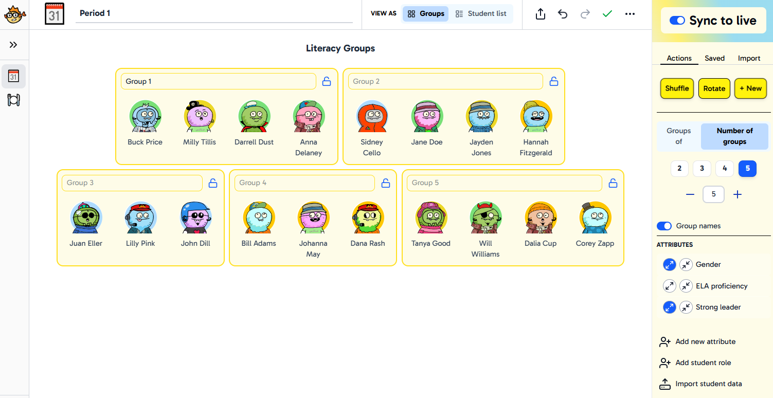 This screenshot shows five groups of students with attribute selection menu to the right.
