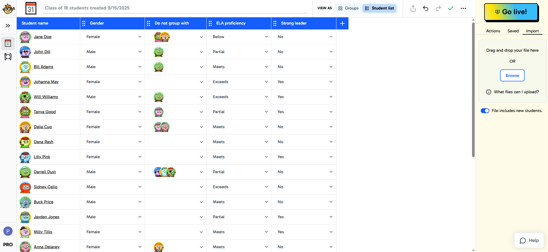 This screenshot shows the roster set up screen in Grouper. There is a list of students with columns to choose attributes.