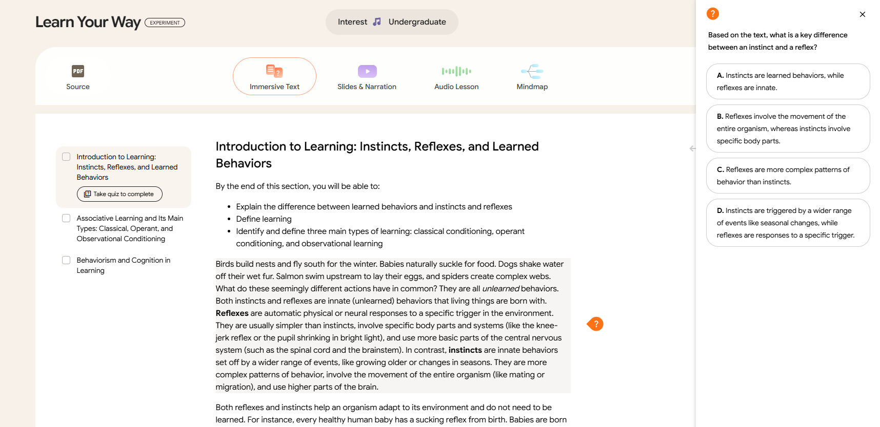 This screenshot shows a selection of text with a quiz question in the right margin. It's multiple choice.