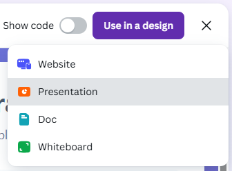 This screenshot shows the dropdown menu including website, presentation, doc, and whiteboard options.