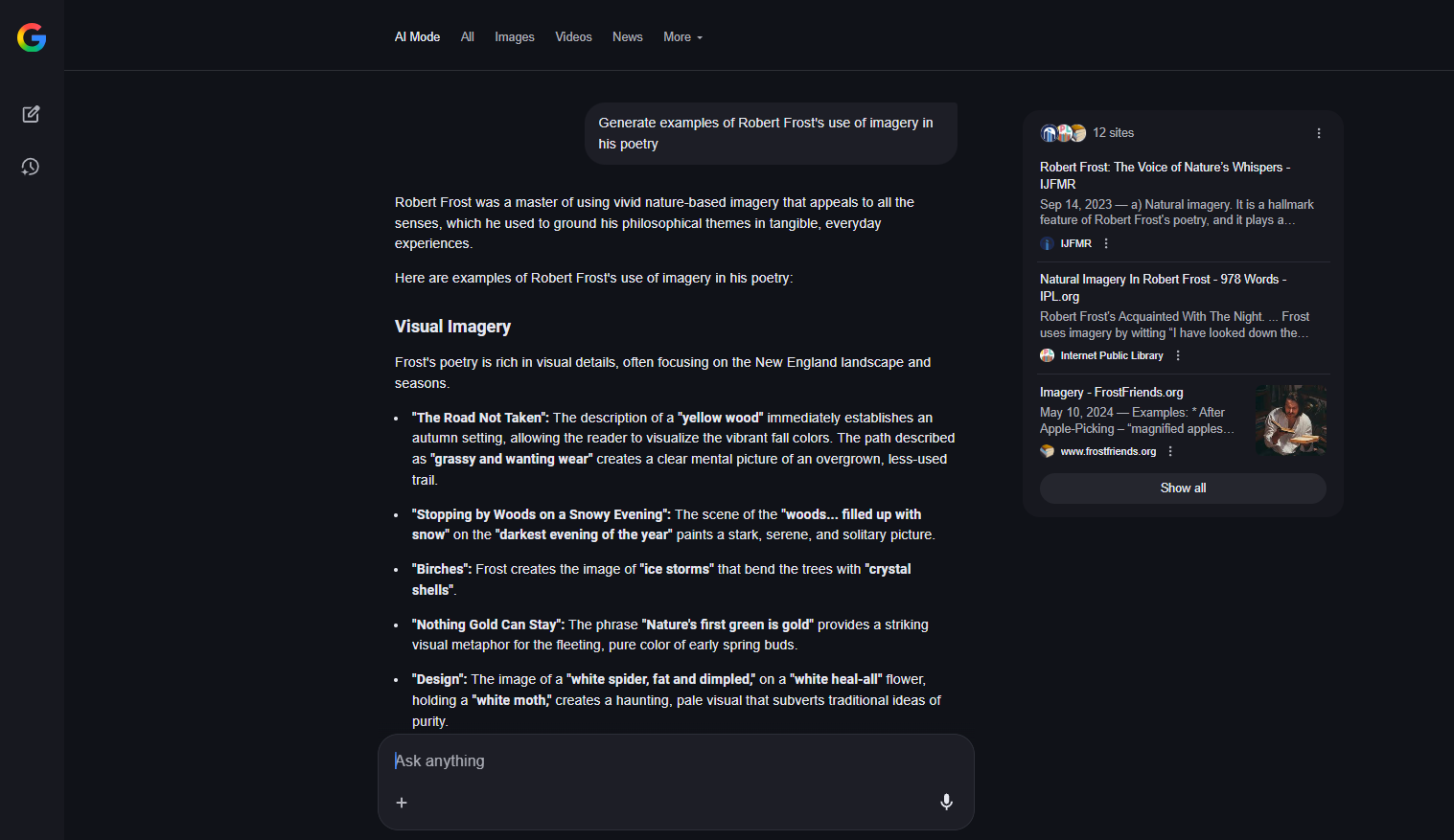 Screenshot of search results for Frost imagery prompt