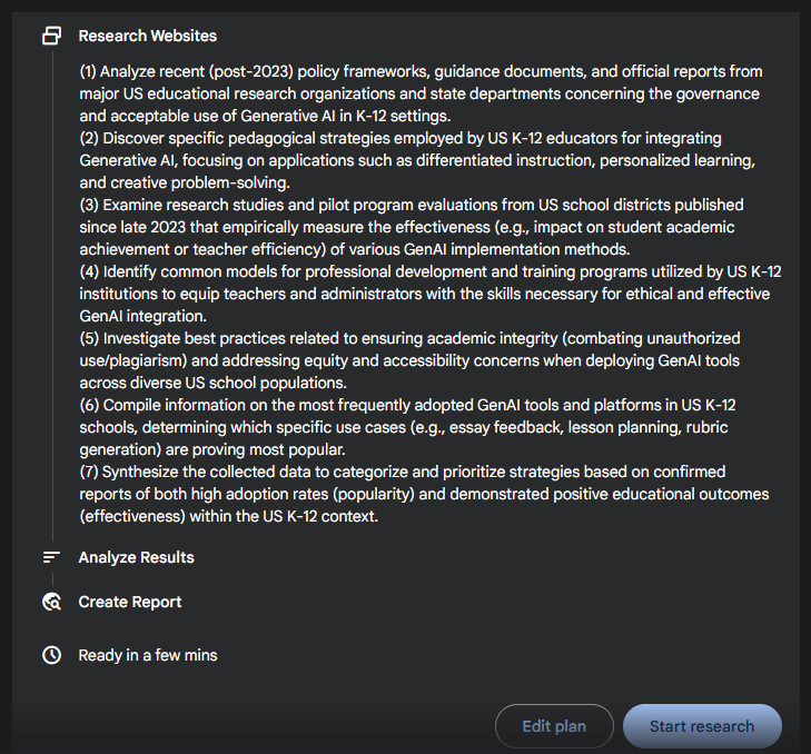 Screenshot of a Deep Research research plan