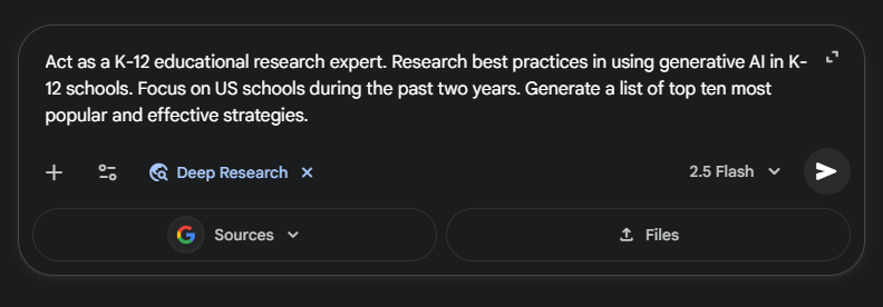 Screenshot of education prompt in Gemini Deep Research