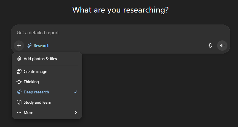 Screenshot of ChatGPT deep research with dropdown showing options.