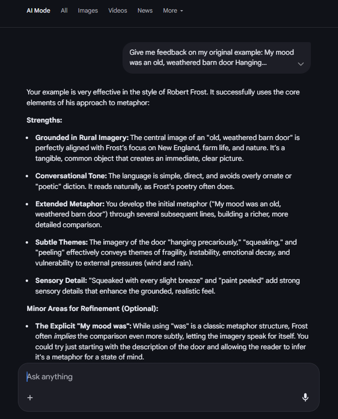 Screenshot of the Frost feedback results