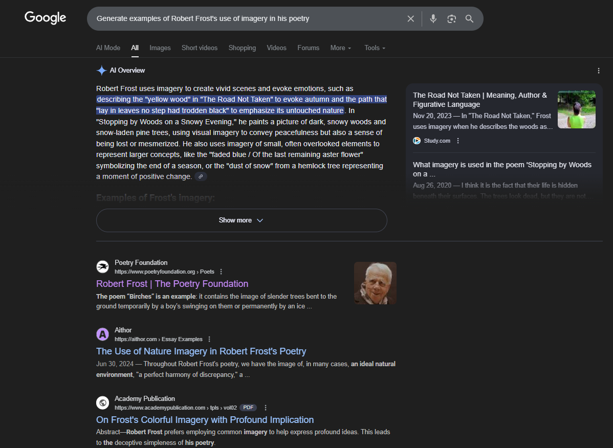 Screenshot of an AI overview in Google