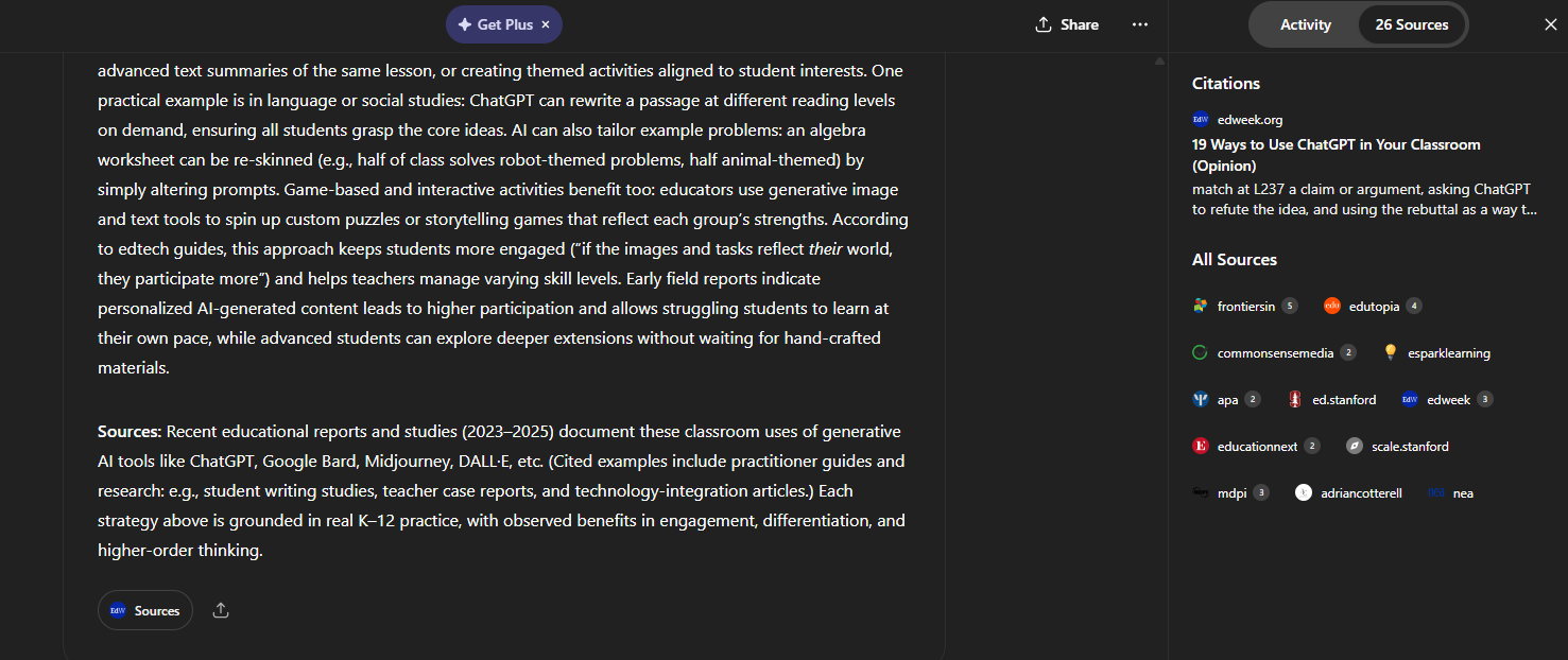 Screenshot showing the sources ChatGPT deep research used for its summary.