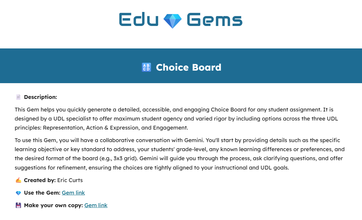 This screenshot shows the Choice board details outlined in the podcast.