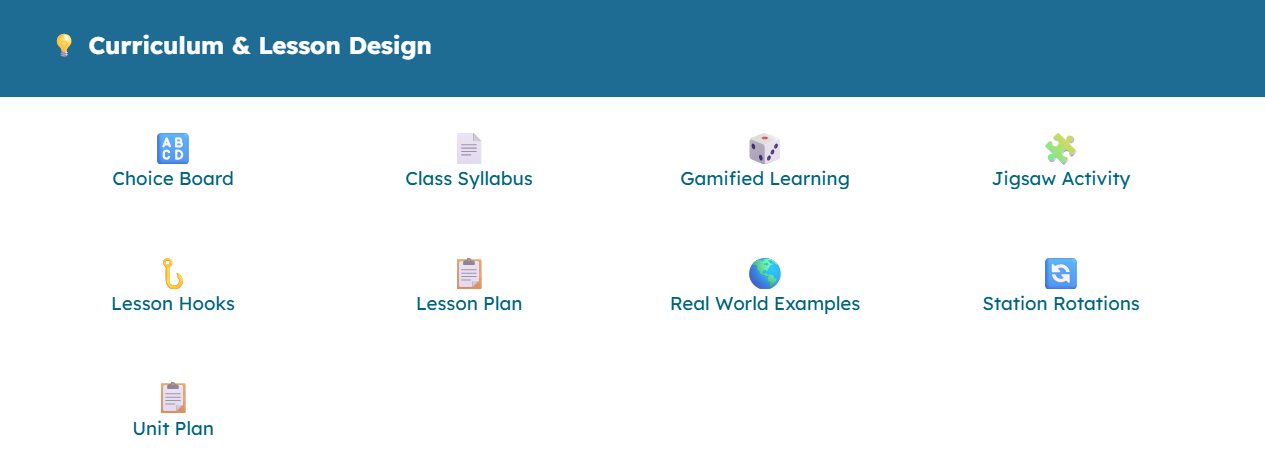 This screenshot shows curriculum and lesson design options such as choice board and class syllabus.