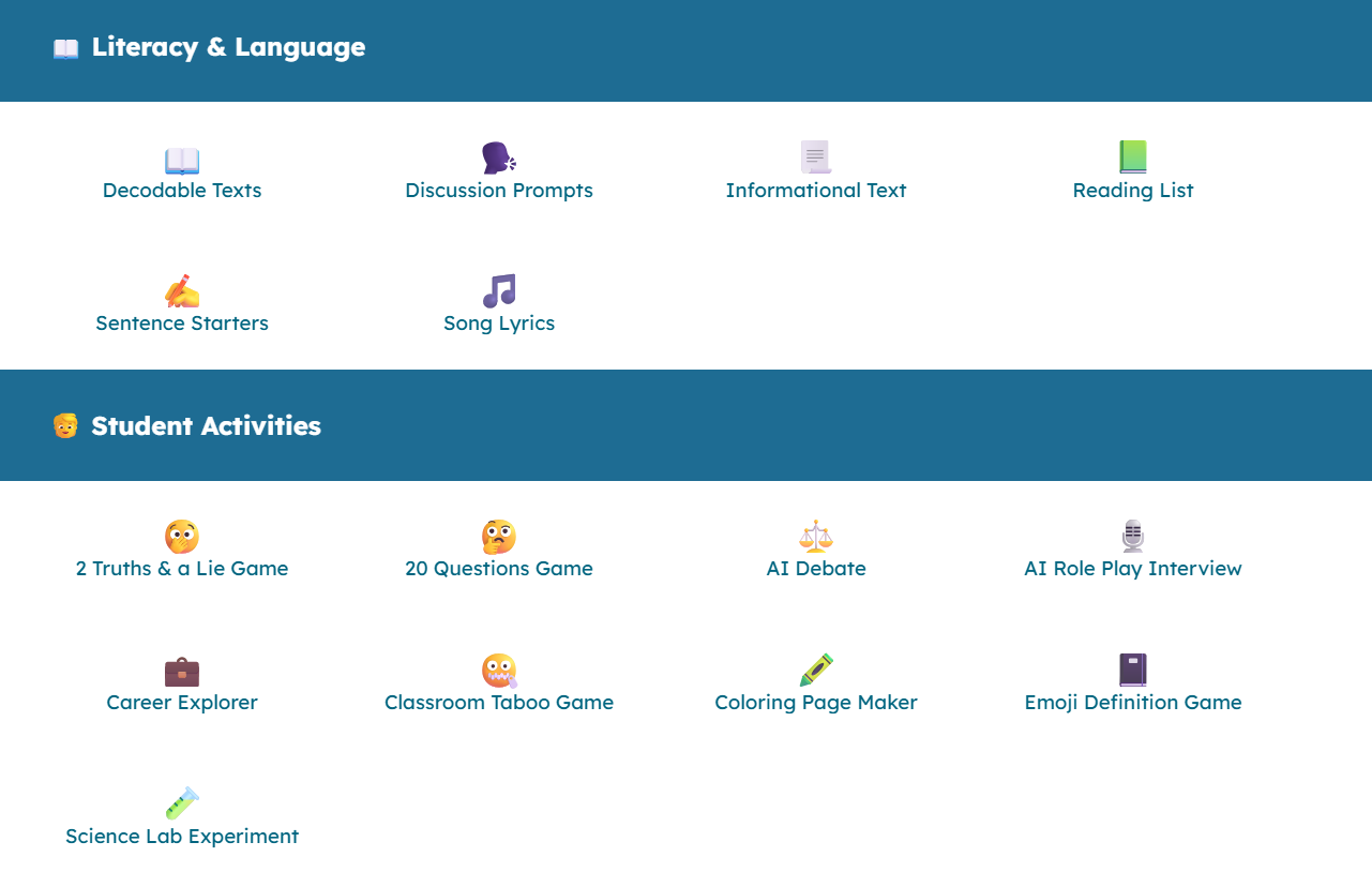 This screenshot shows literacy and language and student activities options in edugems.