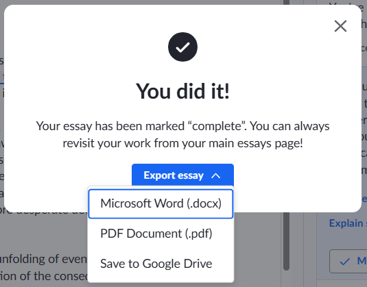 Screenshot showing dropdown menu with three exporting options