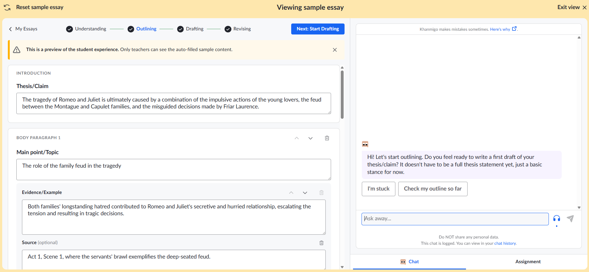 Screenshot of outlining screen with text boxes to fill