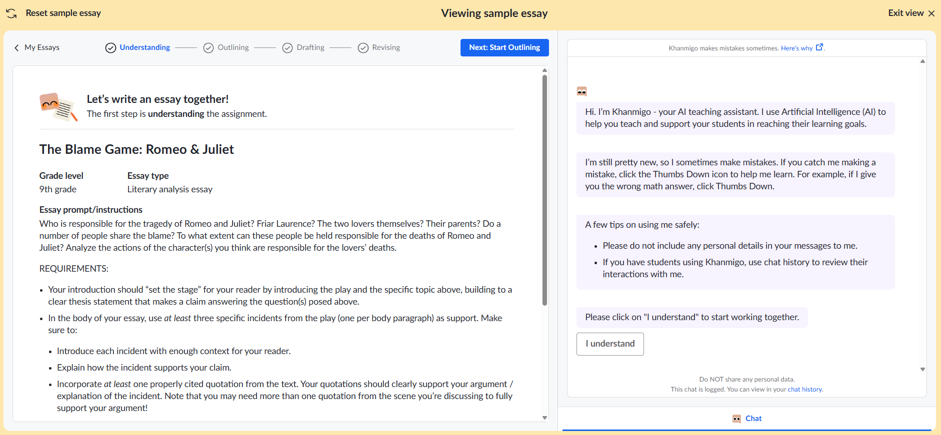Screen shot showing Romeo and Juliet assignment
